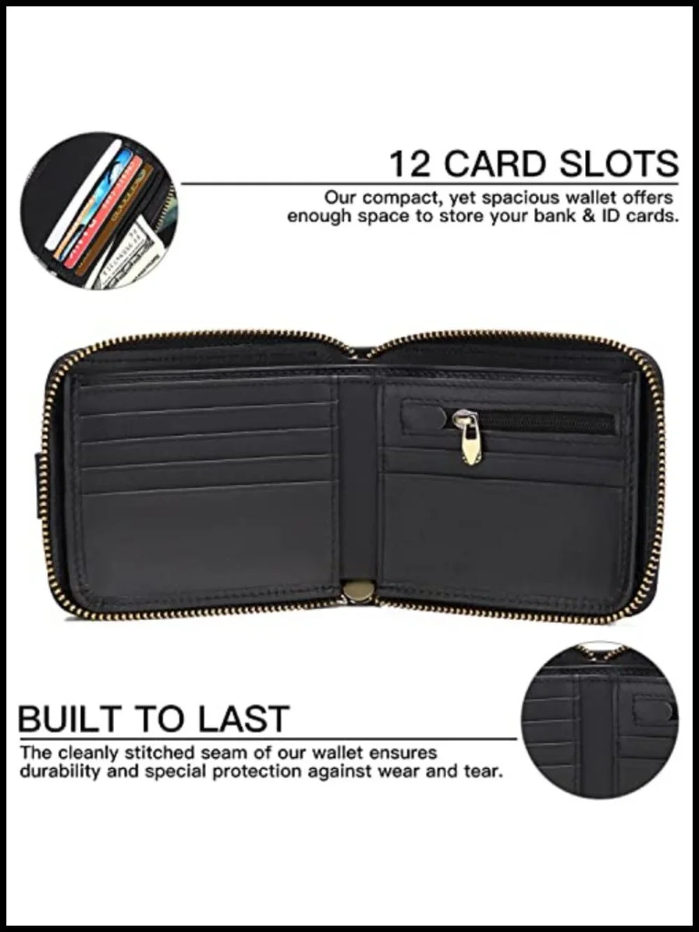 Genuine Leather RFID Blocking Zipper Wallet with Coin Pocket ID Window